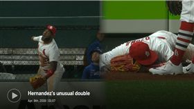 ▲紅雀外野手歐蘇納（Marcell Ozuna）跳上全壘打牆接殺飛球失足跌狗吃屎。（圖／翻攝自MLB官網）