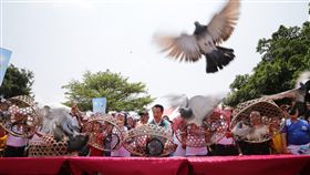 嘉義縣義竹鄉傳統民俗「賽鴿笭」活動，11日由出身義竹鄉的縣長翁章梁（中）開籠起飛，為一個月的鴿笭季揭開序幕。（嘉義縣政府提供）中央社記者江俊亮傳真　108年4月11日