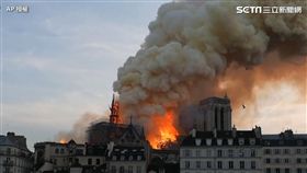 巴黎聖母院大火 尖塔倒塌瞬間／AP授權