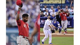 ▲普伊格（Yasiel Puig）被交易後首度重返道奇主場，1局上從柯蕭（Clayton Kershaw）手中敲出2分砲。（圖／美聯社／達志影像）