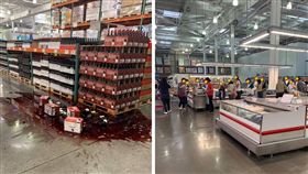 台灣花蓮縣秀林鄉今（18）日下午1時01分，發生規模6.1地震，北部地區民眾紛紛感受到明顯搖晃。不過有消費者在好市多（COSTCO）中和店，看到一幕奇特景象，在地震當下時，貨櫃的紅酒都「被震碎」，但另一處卻有人處變不驚，淡定的繼續排隊「試吃」，讓他擔心感嘆：「覺得大家應該先遠離貨架才是…」（圖／翻攝自COSTCO 好市多 消費經驗分享區）