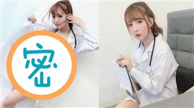三上悠亞穿醫生袍掛著聽筒，看似女醫生坐在診間。（圖／翻攝自三上悠亞推特）