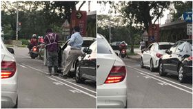 工地男穿雨鞋上賓士CLA250(圖/翻攝自爆廢公社)