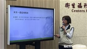 疾管署疫情中心主任劉定萍說明未來麻疹疫情狀況。（圖／記者楊晴雯攝）