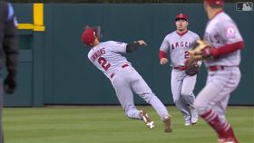 ▲天使游擊手西蒙斯（Andrelton Simmons）背對球撲接，中外野手楚奧特（Mike Trout）看傻眼。（圖／翻攝自MLB官網）