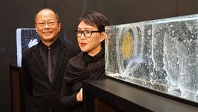 琉璃創作體會人生 楊惠姍張毅美國開展琉璃工房創辦人楊惠姍（右）、張毅（左）2日在美國加州的大型購物中心「南海岸廣場」舉行琉璃藝術展。「無相無無相」作品中一個一個臉孔交疊。中央社記者林宏翰洛杉磯攝 108年5月3日