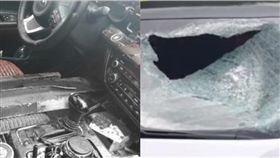 白色轎車被鐵塊砸中擋風玻璃，副駕駛傷重不治。（圖／翻攝自梨視頻）