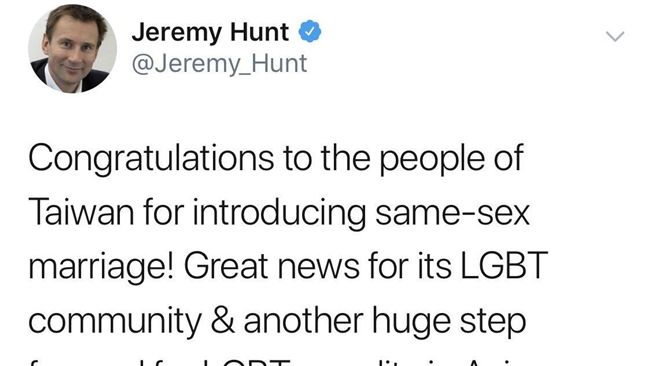 台灣好驕傲！英國外相推特讚同婚平權