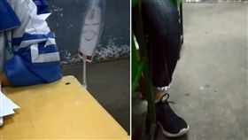 夏天快要到了，天氣越來越炎熱！大陸社群網站《微博》也掀起「新型夏天避暑神器」話題，一名男學生就自製抗暑神器，只要「抖腳」就能夠搧風。影片曝光後，掀起網友熱議，紛紛直喊：「快申請專利！」（圖／翻攝自微博）