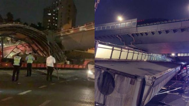 陸鋼製天橋貨車一碰…垮了！網友嚇壞