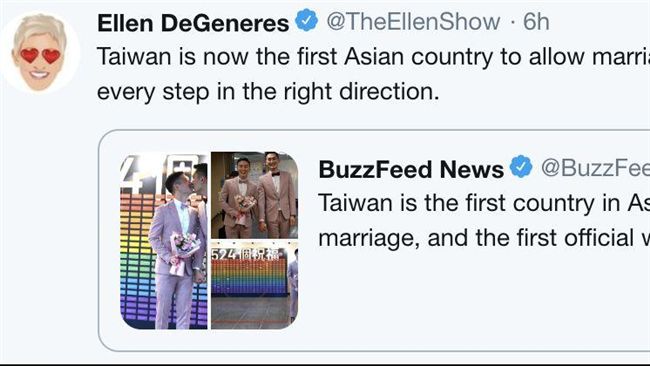 超大咖！台灣同婚艾倫發推特讚聲！