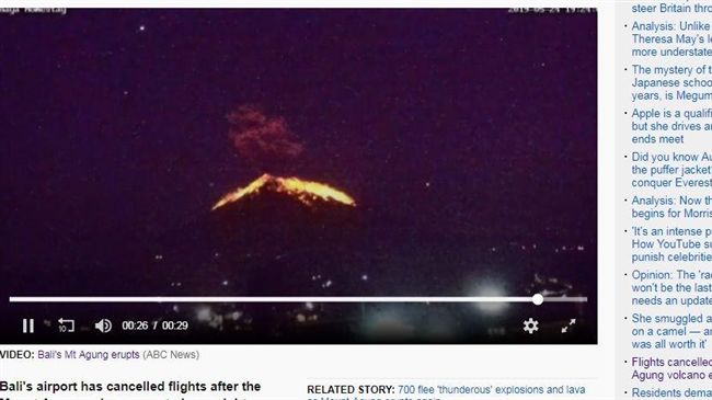 阿貢火山再噴發　峇里島機場取消航班