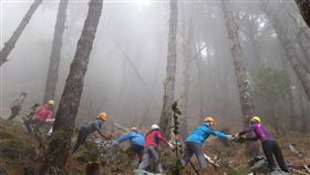 嘉明湖步道無薪維修　2百多人搶18個缺（2）林務局台東林管處從民國105年開始推動「手作步道」，用人力揹工具上山，在海拔2800公尺至3000多公尺的高山用手工維修步道，工作吃力還需要繳交活動費，今年徵求18人前往嘉明湖步道工作，多達230人報名。（台東林管處提供）中央社記者盧太城台東傳真　108年5月26日