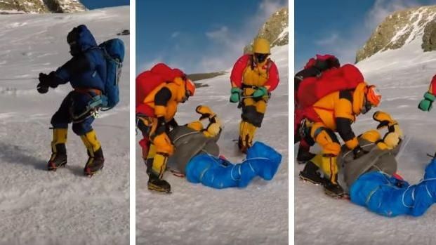 登山客攻頂凍僵倒地亡　運屍畫面曝光
