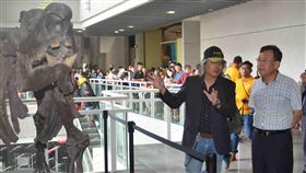 史前巨獸古生物特展澎湖開幕（2）「史前巨獸－古生物特展」25日在澎湖生活博物館舉辦開幕活動，澎湖縣長賴峰偉（右）出席，參觀難得一見的長毛象、始祖鳥等史前巨獸化石。中央社  108年5月25日