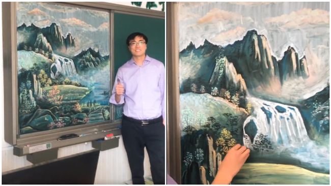 老師粉筆畫出山水畫　學生全跪了