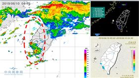 圖：今(10日)晨4：40雷達回波圖(左圖)顯示，台灣北部海面有鋒面附近所形成的帶狀回波，伴隨活躍的閃電(右上圖)；西南沿海亦有西南風受地形阻礙產生的回波，4：30雨量圖(右下圖)顯示，西南部及山區有零星降雨。