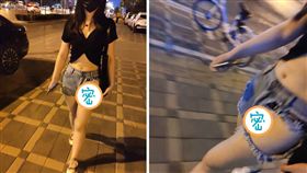 夏天快到了！不少女性會穿牛仔短褲出門秀美腿。不過越南一名女子相當前衛，竟在褲子左邊「挖大洞」，導致她的神秘三角洲若隱若現，只要動作稍微大一些，就可能會走光。照片曝光後，掀起網友熱議，紛紛直喊：「比真理褲更兇！」（圖／翻攝自微博）