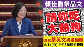 台中市議員賴佳微慶祝蔡英文民調初選過關請吃大熱狗／翻攝自賴佳微臉書