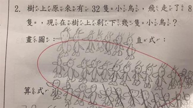 32－8等於？兒考卷寫不完網：可愛