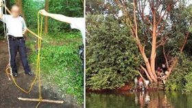 英男盪鞦韆過河手臂慘被粗繩纏斷。(圖/翻攝自推特)