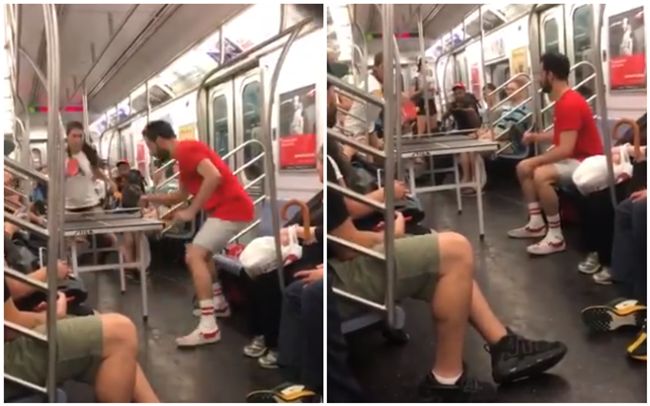 把球桌搬上地鐵！情侶車廂乒乓球激戰