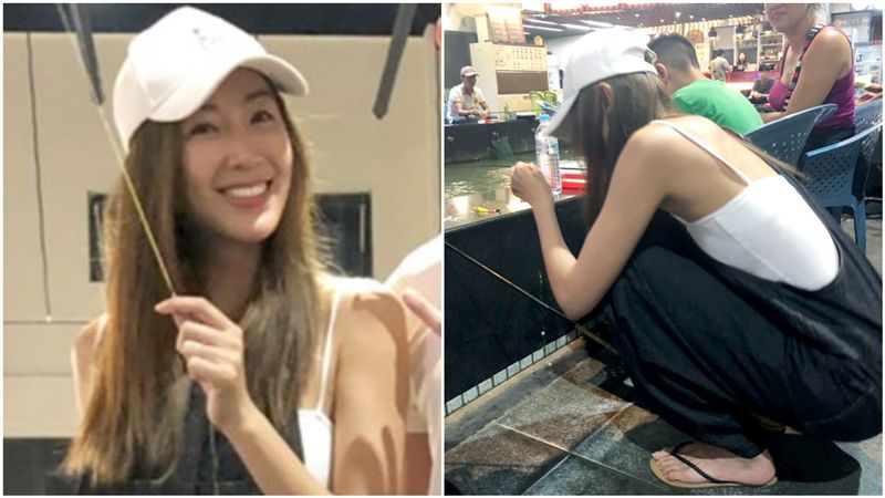 吊帶正妹蹲地釣蝦　一站起來…是女神