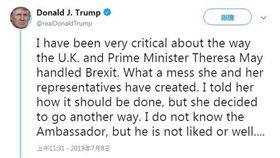 英國駐美大使外洩電文形容美國總統川普和他的政府「失能」、「笨拙」和「罕見地無能」後，川普今日對將卸任的英國首相梅伊（Theresa May）展開非比尋常的攻擊。（圖／翻攝自@realDonaldTrump Twitter）