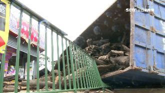 大貨車疑煞車失靈翻覆　漂流木全滾光