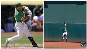 ▲運動家中外野手羅瑞亞諾（Ramon Laureano）美技沒收全壘打，自己也敲全壘打。（圖／美聯社／翻攝自MLB官網）