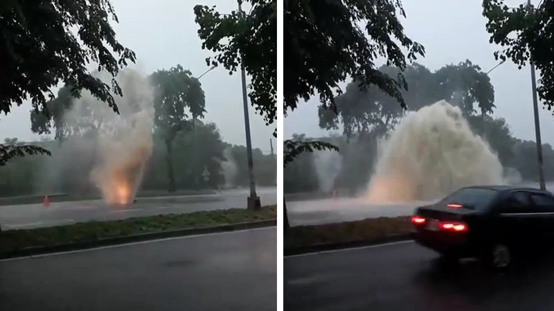 豪雨襲高雄　人孔蓋突「爆發」成火山