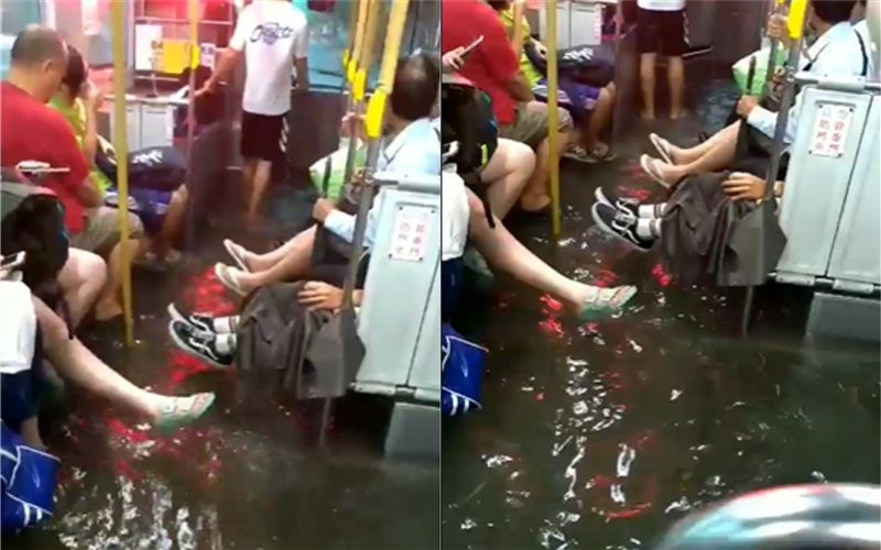 高雄泥水淹公車！整排乘客無奈狂抬腳