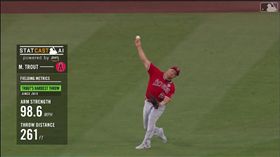 ▲楚奧特（Mike Trout）外野98英哩速球長傳本壘。（圖／翻攝自MLB官網）