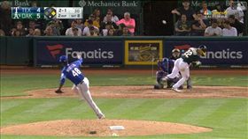 ▲遊騎兵投手孟特羅（Rafael Montero）對運動家外野手羅瑞亞諾（Ramon Laureano）丟觸身球。（圖／翻攝自MLB官網）