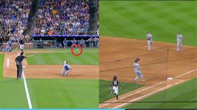 ▲洛磯一壘滾地打中道奇一壘手，球反彈給二壘手再傳給補位投手抓下出局數。（圖／翻攝自MLB官網）