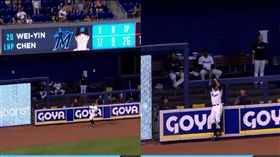 ▲葛蘭德森（Curtis Granderson）全壘打牆前沒收陳偉殷挨的陽春砲。（圖／翻攝自MLB官網）