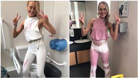  當你打扮的漂漂亮亮去參加聚會，卻不小心被紅酒潑到時，通常一般人都會趕快找地方清理，希望能洗清紅酒帶來的污漬，但國外就有一名女大生，用自己的創意幫朋友化解危機，不但讓大家看不出衣服被紅酒潑過，更把衣服做出一種時尚感，還被服飾品牌相中，將她的設計做成實體衣裳。（圖／翻攝自MiaWiliamson_推特）