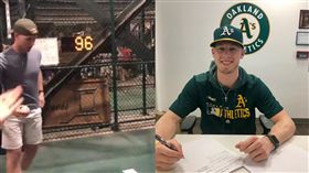 ▲素人佩特森（Nathan Patterson）參加球場飆速比賽，最快球速96英哩被運動家簽下。（圖／翻攝自推特）