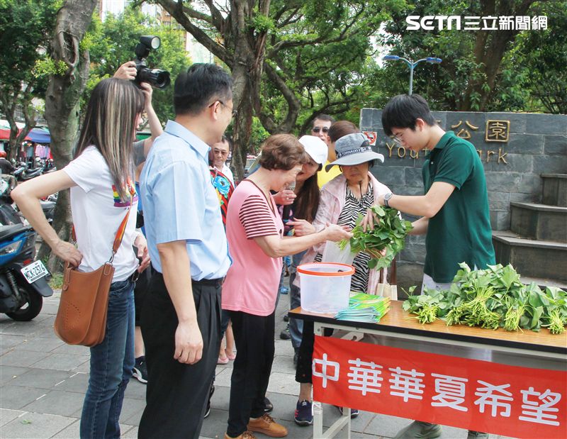 金瑞瑤獨子許凱文自己栽培有機地瓜葉義賣做公益。（記者邱榮吉/攝影）