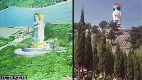 中共集權專制的事蹟在國際頻傳，近年來中國各地也傳出不少「滅宗教」的整治條款，舉凡佛教、伊斯蘭教、道教的廟宇都紛紛被毀，現在就連佛像也不放過。人權雜誌《寒冬》近日報導遼寧一處觀音佛像，為了防止被拆，只能強制將佛像進行「整容」，把觀音的頭部以蓮花遮擋，讓原先高聳佛像的莊嚴感盡失。（圖／翻攝自寒冬）