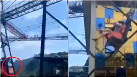  位在大陸重慶的「奧陶紀」風景區，以18公尺高的「懸崖盪鞦韆」聞名，但日前卻有民眾拍到，一名10歲女童在乘坐盪鞦韆時，疑似因為有繩索斷裂，造成女童差點命喪懸崖，好在女童最後安全落地，沒有大礙，但奧陶紀景區卻迅速發表聲明，澄清女童沒有墜崖，更強調乘坐盪鞦韆的過程中「均未出現任何安全問題」。（圖／翻攝自看看新聞）