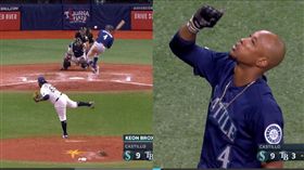 ▲水手布朗斯頓（Keon Broxton）躲過頭部危險球下一秒『謝天』。（圖／翻攝自MLB官網）