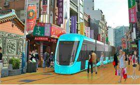 淡海輕軌藍海線行經老街段，夜間將會有燈光導引。模擬圖／新北捷運局提供
