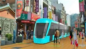 淡海輕軌藍海線行經老街段，夜間將會有燈光導引。模擬圖／新北捷運局提供
