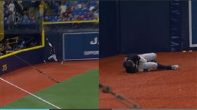 ▲印地安人左外野手奈昆（Tyler Naquin）接球後撞上全壘打牆傷退。（圖／翻攝自MLB官網）