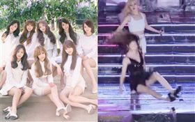  「Lovelyz」24歲成員美珠因舞台地板濕滑，跳到一半腳滑，摔到整個人飛起。合成圖／翻攝YT、官網