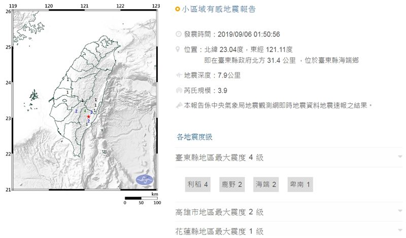 台東地震規模3.9　最大震度4級