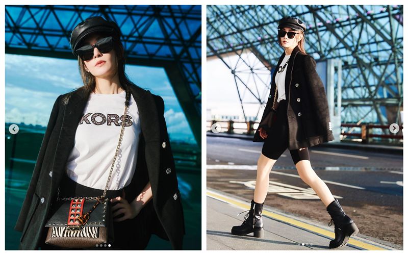 機場時尚！謝金燕「單車褲」潮味噴發