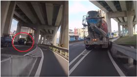 大型車行駛在路上，駕駛需要非常專注周圍的路況，否則一不小心，就可能釀成悲劇。一名網友在臉書貼出一段行車紀錄器，畫面拍到一台直行的水泥車突然往右切，接著硬是駛進機車道，後方的機車騎士被嚇到急煞，不少網友看到後，都認為水泥車駕駛很誇張，但就有眼尖網友發現，水泥車會突然右切，似乎是因為前方載著瓦斯的小貨車臨時超車，水泥車為了閃避它，才會犧牲自己，開進狹窄的機車道。（圖／翻攝自爆怨公社）