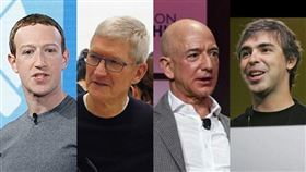 美國聯邦眾議院司法委員會13日要求祖克柏（左1）、庫克（左2）、貝佐斯（右2）和佩吉等人呈交過去10年關於收購案的內部電郵。（左起圖取自祖克柏臉書、中央社檔案照片、貝佐斯IG、佩吉IG）